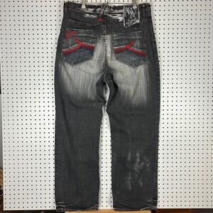 Akademiks Black Wash Embroidered Baggy Y2K Denim Jeans 38x34 Gothic Red Punk 90s